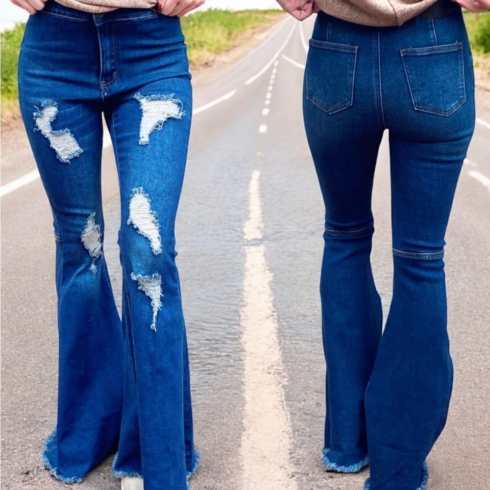 Dark Wash Distressed Flare Jeans | High Rise Stretch | Raw Hem | Plus Size | NWT - Picture 5 of 16